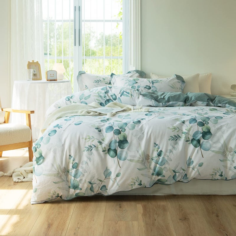 MILDLY Duvet Cover Leaf Pattern- 100% Washed Cotton Eucalyptus Printed Sage Green Comforter Cover Linen Feel Bedding Set with Zipper Closure 4 Ties Queen Size - Image 1