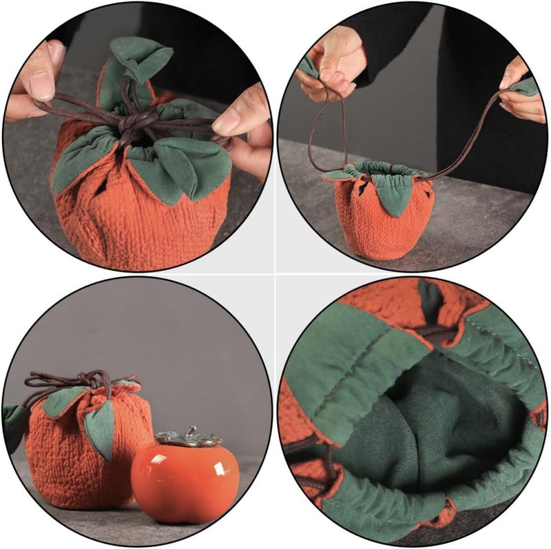 Ceramic Tea Canister with Lid and Persimmon Shape Cotton Linen Storage Bag Thickened Portable Tea Storage Jar for Home and Travel - Image 3