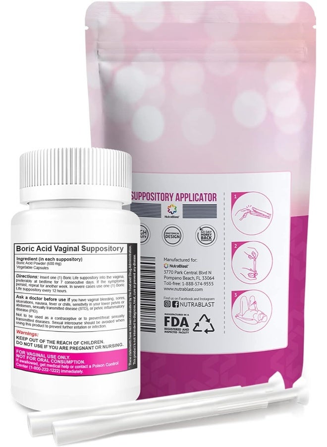 NutraBlast Women'S Boric Acid Suppositories 600Mg With Vaginal, 30 Suppositories & 15 Applicators - Ph Balance Care - Image 2