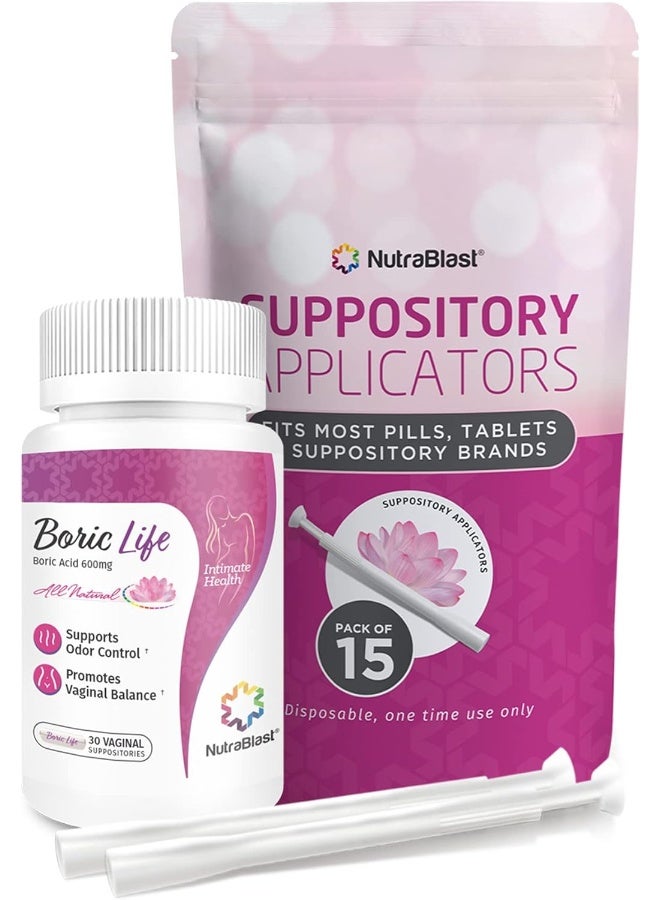NutraBlast Women'S Boric Acid Suppositories 600Mg With Vaginal, 30 Suppositories & 15 Applicators - Ph Balance Care - Image 1