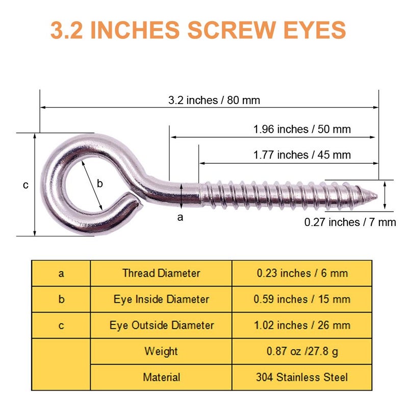 ZUSFUL 12-Pack 304 Stainless Steel Screw Eyes, Heavy Duty Screw in Eye Hooks Ring for Yoga, Swing Chair, Indoor & Outdoor, Self Tapping, 3.2" - Image 5
