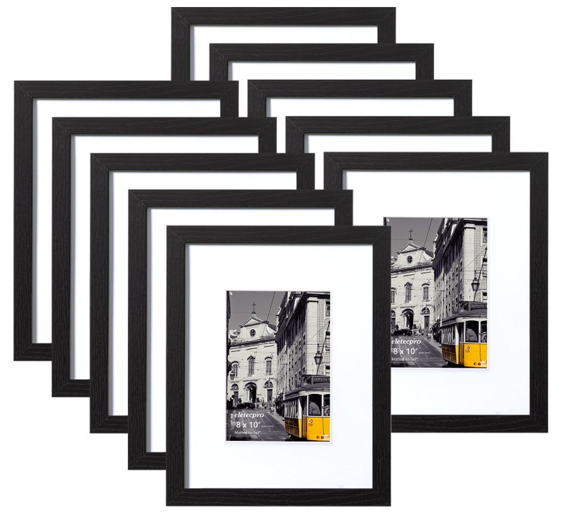 eletecpro 8x10 Picture Frames Set of 10 with Clear Acrylic Cover, Gallery Wall Decor, Displays 5x7 Photos with Mat or 8x10 Without, Horizontal or Vertical for Tabletop and Wall, Black - Image 1