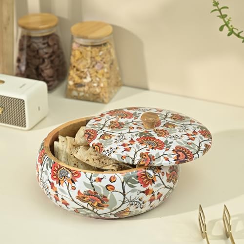 Brick Brown Premium Handcrafted Solid Wood Marigold Roti Casserole For Kitchen | Round Hot Pot, Roti Dabba With Lid | Casserole For Dining, 1640Ml(8.8X8.8X4.3Inch) - Image 1