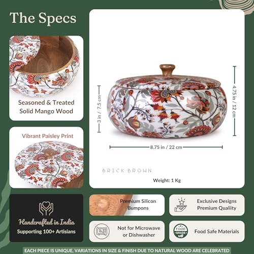 Brick Brown Premium Handcrafted Solid Wood Marigold Roti Casserole For Kitchen | Round Hot Pot, Roti Dabba With Lid | Casserole For Dining, 1640Ml(8.8X8.8X4.3Inch) - Image 5