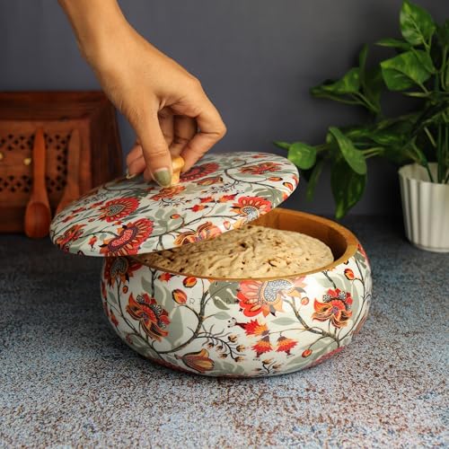 Brick Brown Premium Handcrafted Solid Wood Marigold Roti Casserole For Kitchen | Round Hot Pot, Roti Dabba With Lid | Casserole For Dining, 1640Ml(8.8X8.8X4.3Inch) - Image 4