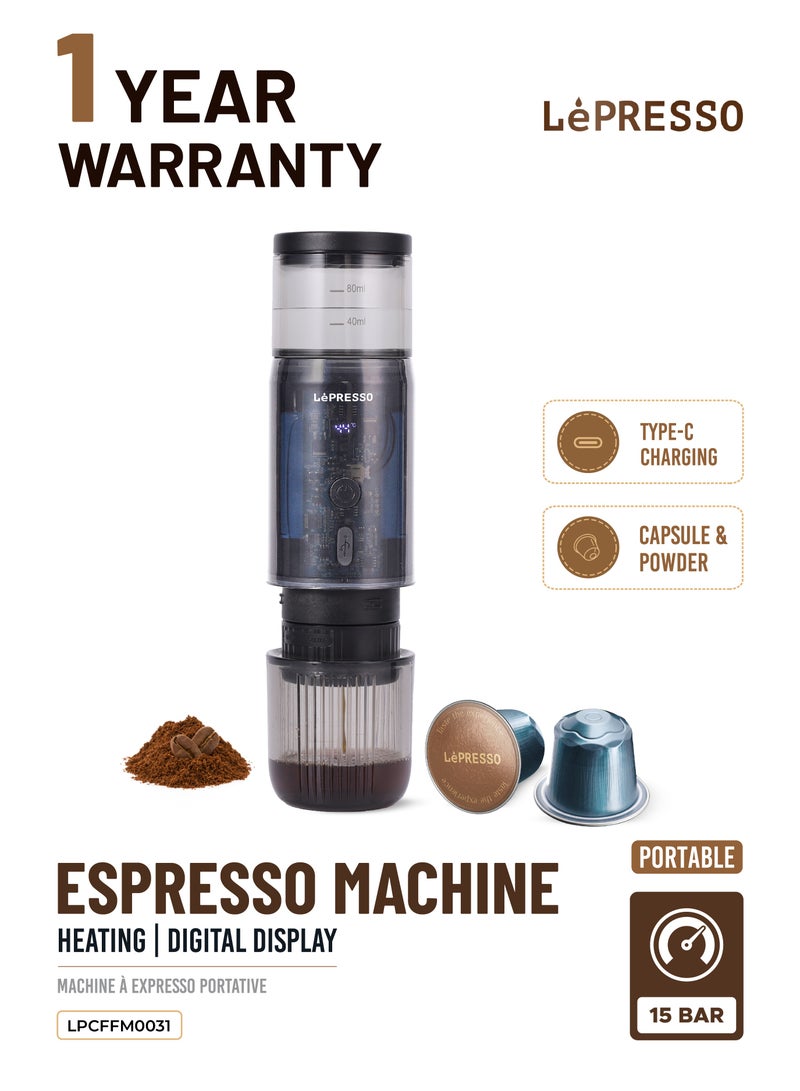 ليبرسو ماكينة صنع قهوة إسبريسو محمولة 80 مل بقوة 15 بار مع شاشة رقمية بقوة 135 وات / أكياس وكبسولات متضمنة / استخلاص بالتسخين / كبسولات ومساحيق / استخلاص مباشر / ماكينة صنع قهوة محمولة / مادة الفولاذ المقاوم للصدأ بدرجة الغذاء - أسود - Image 1