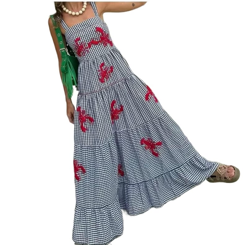 XPONNI Gingham Dress Lobster Summer Maxi Dresses for Women 2024 Shrimp Long Dress Flowy Ruffle Linen Sun Dress (Black,S,Small) - Image 1