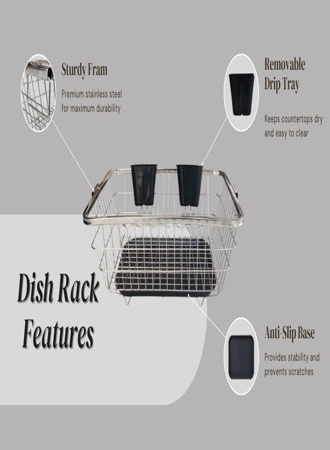 Birdwing Dish Drainer Steel (64x49x23) Steel Drainer Tray Basket Stainless Steel Dish Drainer Basket with Drain Tray and Cutlery StandKitchen Organizer Stainless Steel Drying Rack -Vessel - Image 5