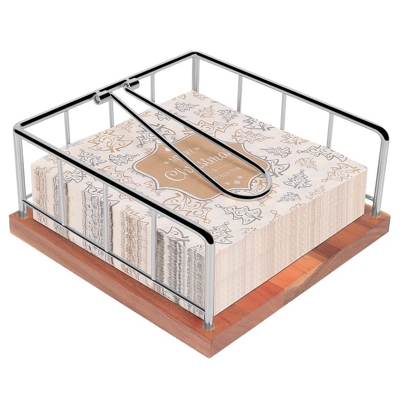 Livabber Flat Napkin Holder Metal Kitchen Napkin Storage with Weighted Tension Arm Rustic Tissue Paper Dispenser for Countertop Table Kitchen Dining Room With Wooden Base Chrome