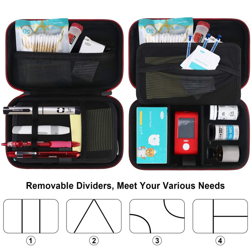 BOVKE Diabetic Supplies Travel Case for Diabetic Testing Kit, Glucose Meter Storage Case for Insulin Pens, Glucose Meters, Test Strips, Medication, Lancets, Syringe, Pen Needles and More, Black - Image 2