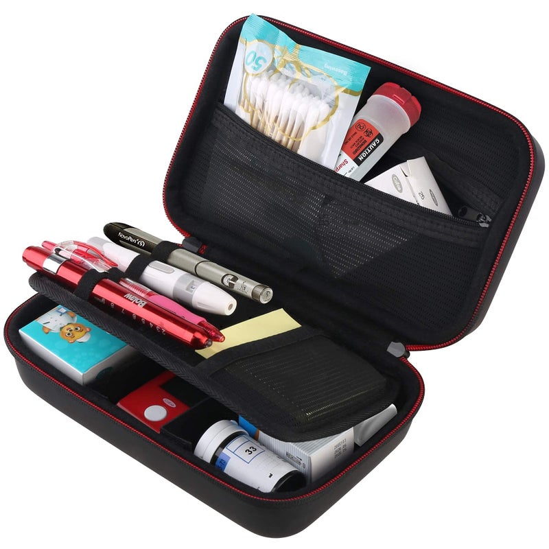 BOVKE Diabetic Supplies Travel Case for Diabetic Testing Kit, Glucose Meter Storage Case for Insulin Pens, Glucose Meters, Test Strips, Medication, Lancets, Syringe, Pen Needles and More, Black - Image 1