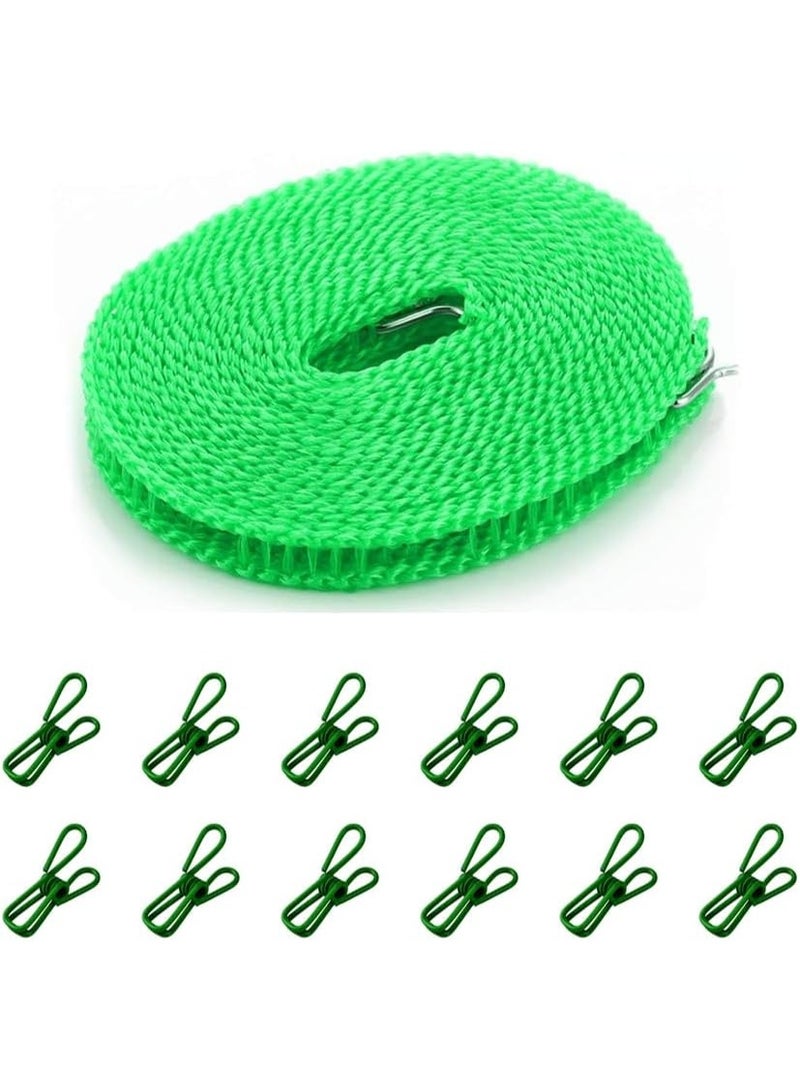Hedge Portable Windproof Clothesline with 12 Clips 5m Non-Slip Travel Laundry Drying Line, Adjustable Nylon Rope for Outdoor Camping Cruise Indoor Hotel and Backyard Green - Image 1