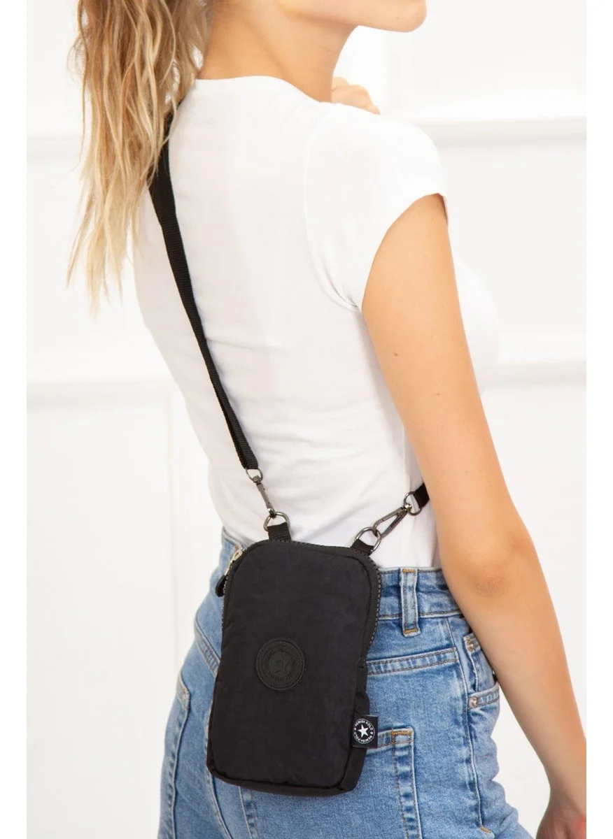 Newish Polo Black Crinkle Fabric Mini Shoulder Bag with Phone Compartment