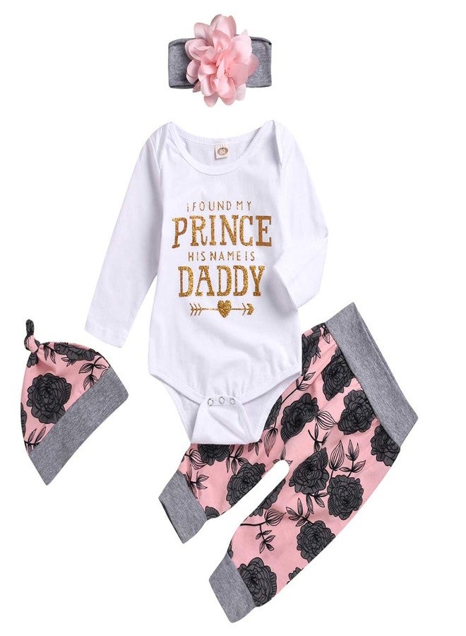 Kashoer 4Pcs Infant Baby Girls Arrow Letters Romper Top+Long Floral Pant Leggings+Warm Hat+Headhand Bodysuit 0-18Months (3-6 Months, White&Floral) - Image 1