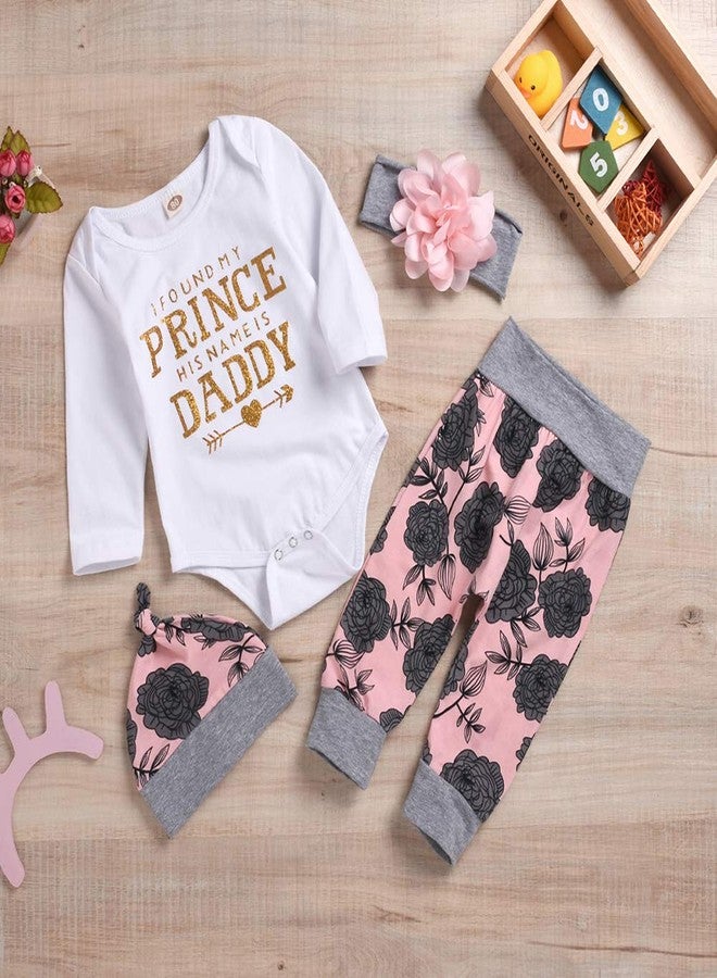 Kashoer 4Pcs Infant Baby Girls Arrow Letters Romper Top+Long Floral Pant Leggings+Warm Hat+Headhand Bodysuit 0-18Months (3-6 Months, White&Floral) - Image 2
