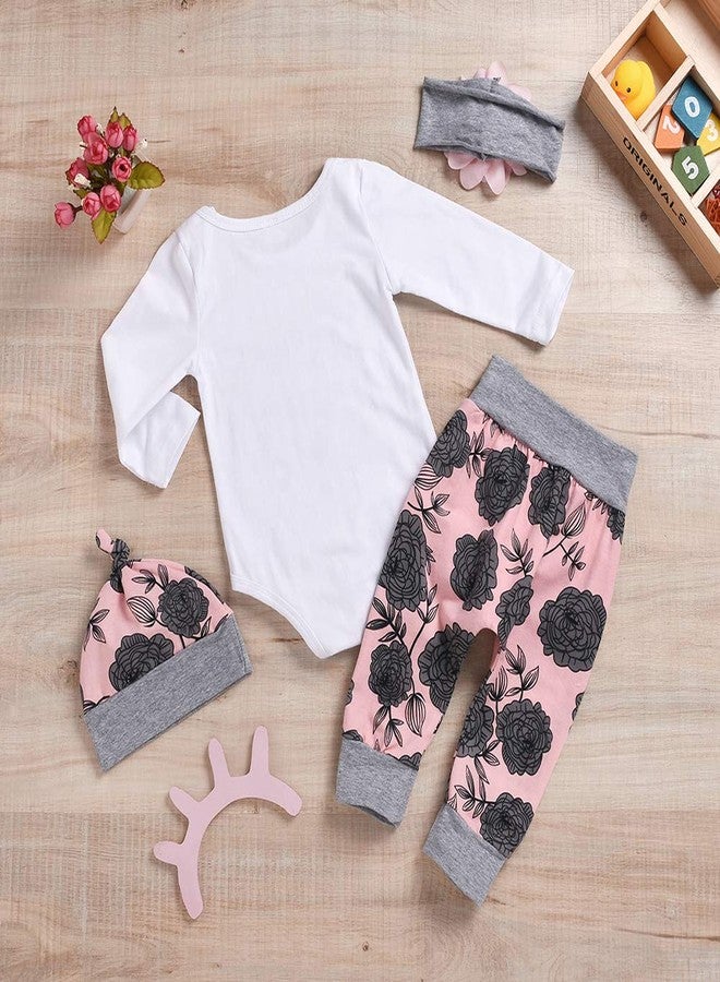 Kashoer 4Pcs Infant Baby Girls Arrow Letters Romper Top+Long Floral Pant Leggings+Warm Hat+Headhand Bodysuit 0-18Months (3-6 Months, White&Floral) - Image 3