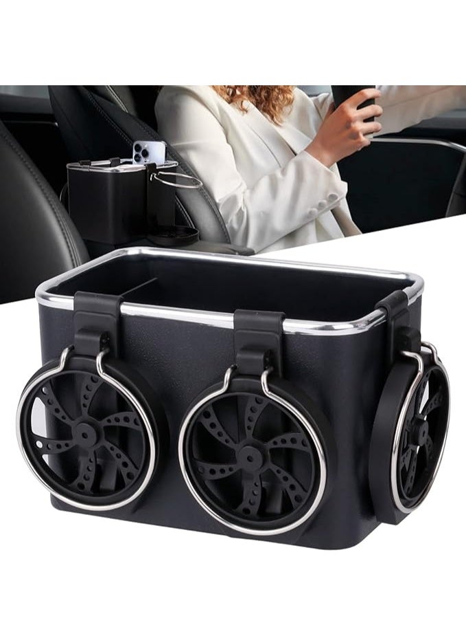 منظم تخزين للسيارة مع حامل أكواب، منظم متعدد الاستخدامات للمقعد ومسند الذراع مع حامل مناديل لتخزين زجاجات المياه، القهوة، المشروبات، الهواتف المحمولة – إكسسوار سيارة رائج على تيك توك - Image 1