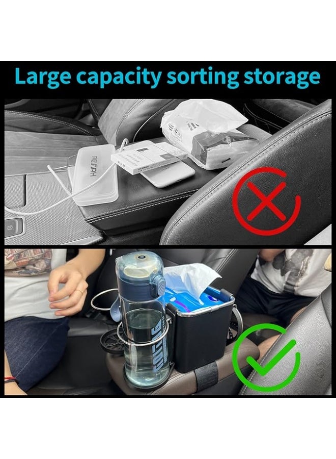 منظم تخزين للسيارة مع حامل أكواب، منظم متعدد الاستخدامات للمقعد ومسند الذراع مع حامل مناديل لتخزين زجاجات المياه، القهوة، المشروبات، الهواتف المحمولة – إكسسوار سيارة رائج على تيك توك - Image 2