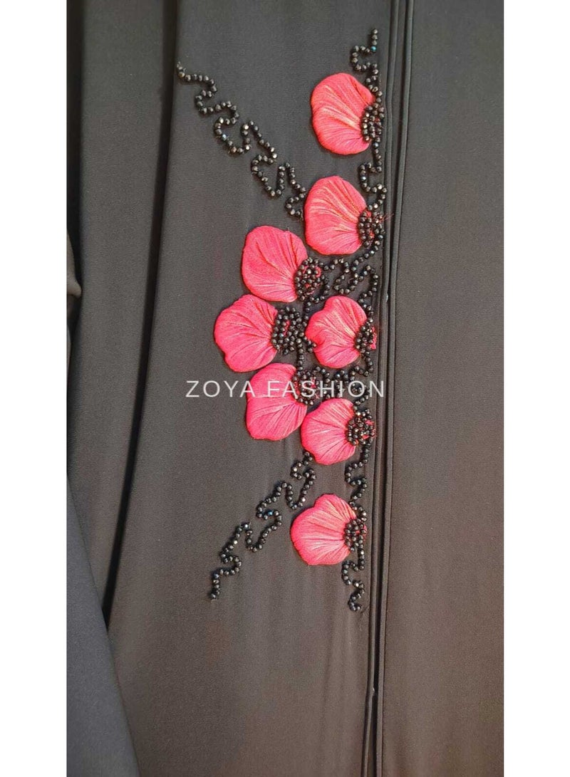 عباية سوداء بتطريز الزهور الأحمر - Image 4