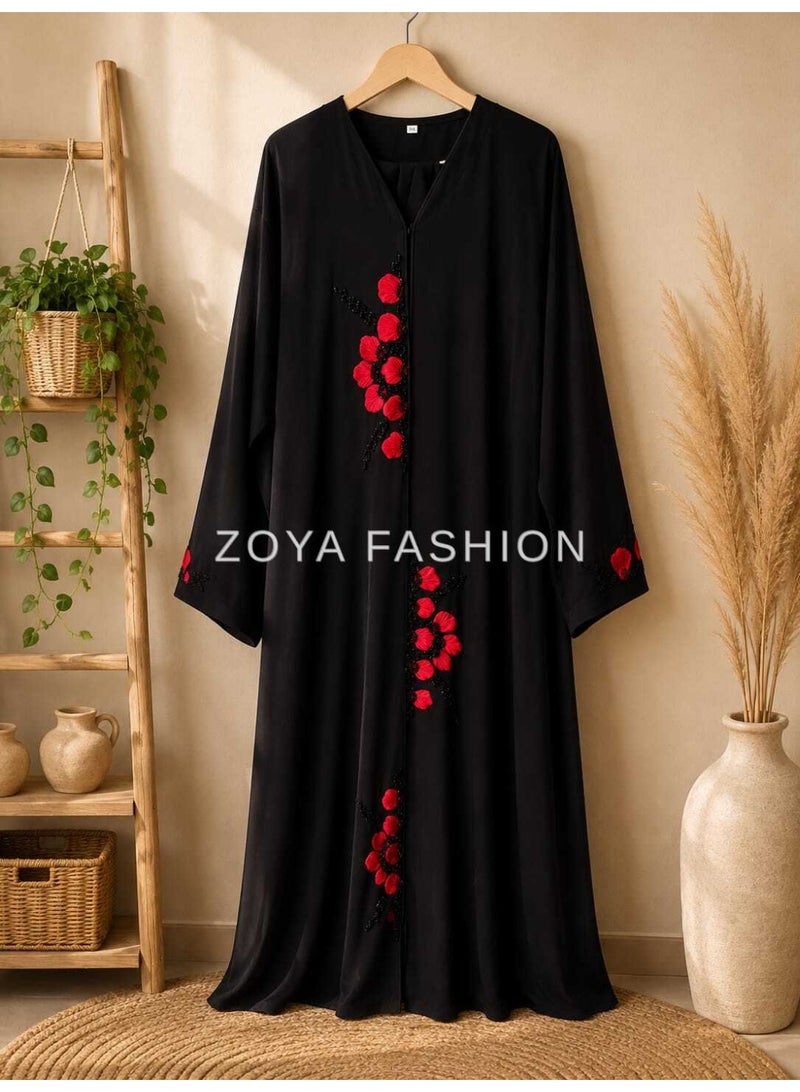 عباية سوداء بتطريز الزهور الأحمر - Image 3