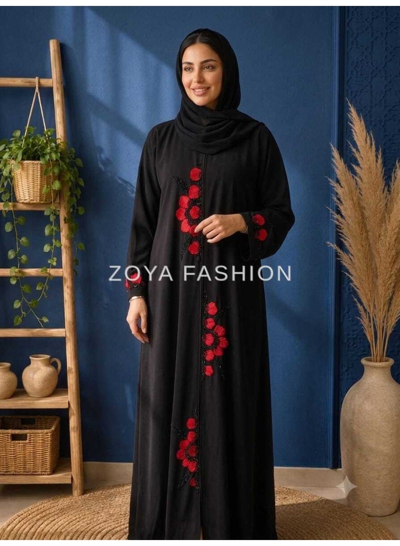 عباية سوداء بتطريز الزهور الأحمر - Image 1