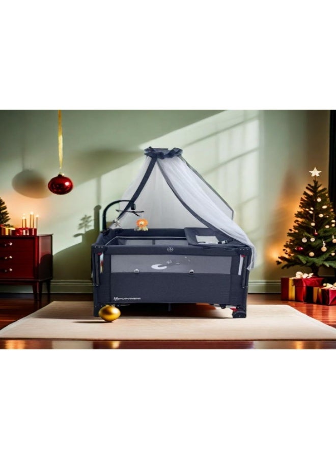 PopyPapa CB981 Baby Travel Cot - Double Level, Changing Station, Full Mosquito Net, Hanging Toys & Side Access Door - Black