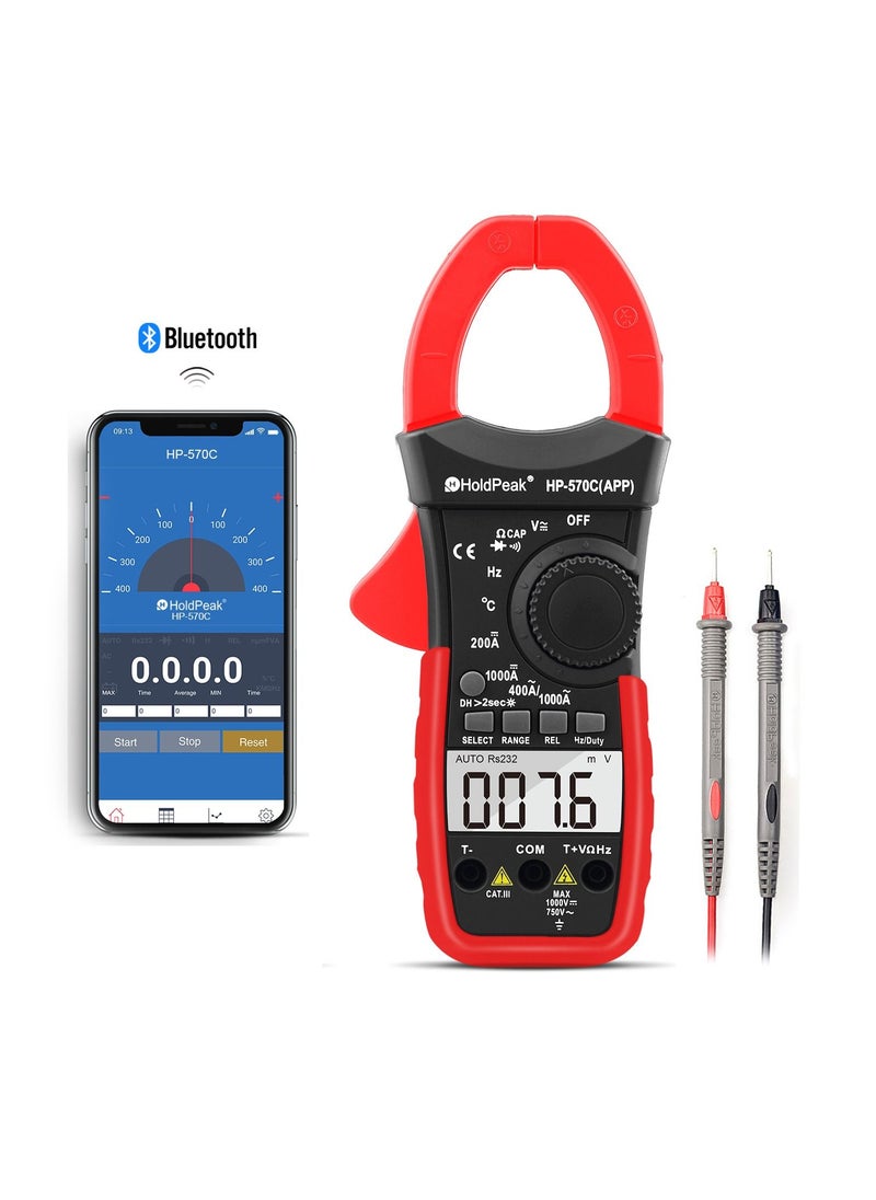 HoldPeak HOLDPEAK Digital Clamp Multimeter HP-570C-APP Connect with APP via Bluetooth, Amp Ohm Tester,4000 Counts AC/DC Voltage, Current, Resistance,Diode Test,Temperature,Capacitance  - Image 1