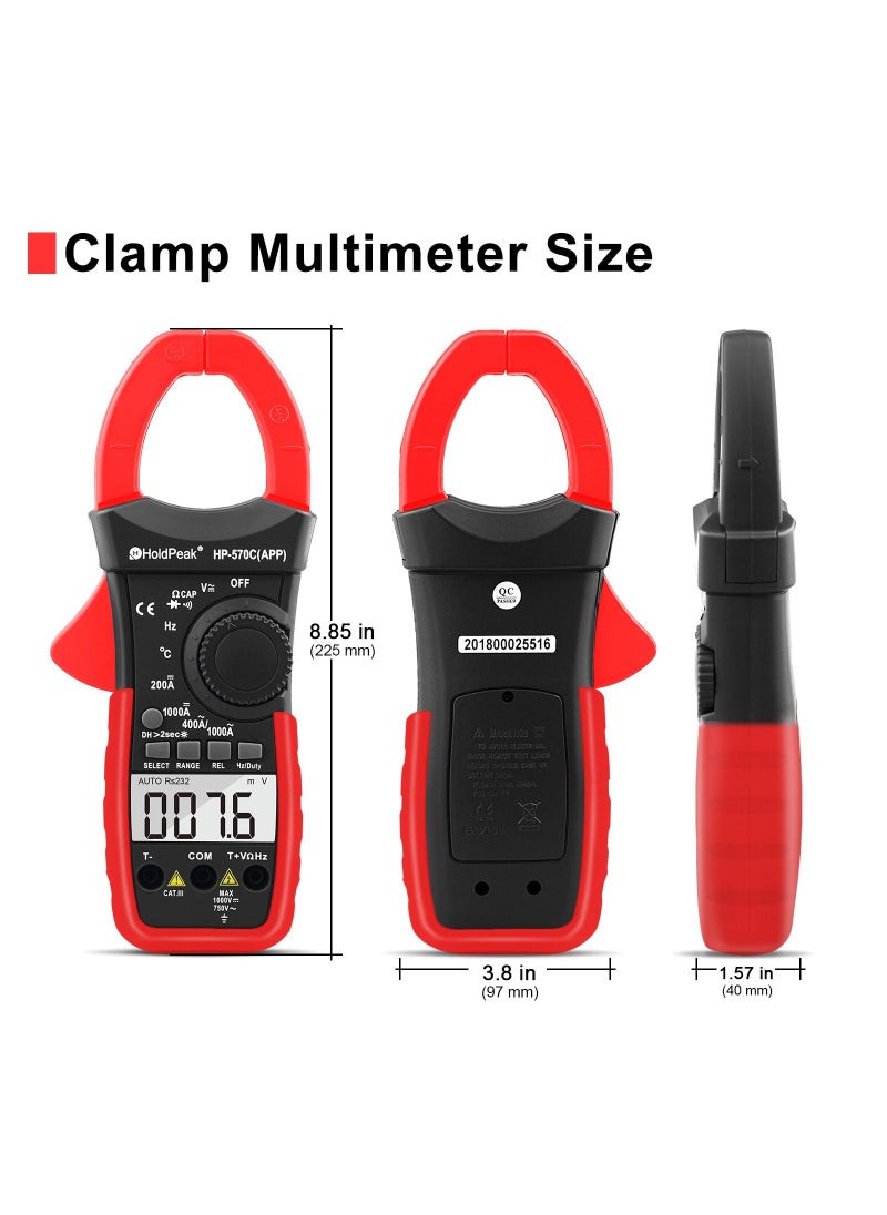 HoldPeak HOLDPEAK Digital Clamp Multimeter HP-570C-APP Connect with APP via Bluetooth, Amp Ohm Tester,4000 Counts AC/DC Voltage, Current, Resistance,Diode Test,Temperature,Capacitance  - Image 2