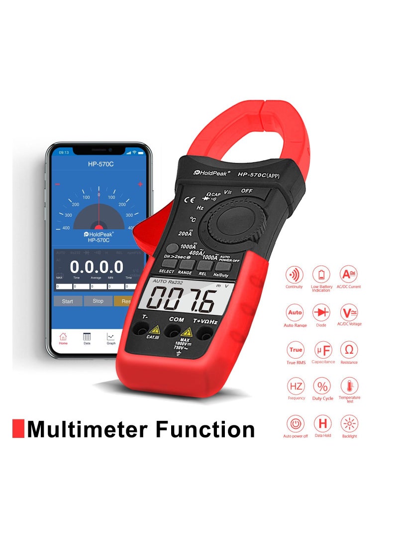HoldPeak HOLDPEAK Digital Clamp Multimeter HP-570C-APP Connect with APP via Bluetooth, Amp Ohm Tester,4000 Counts AC/DC Voltage, Current, Resistance,Diode Test,Temperature,Capacitance  - Image 4