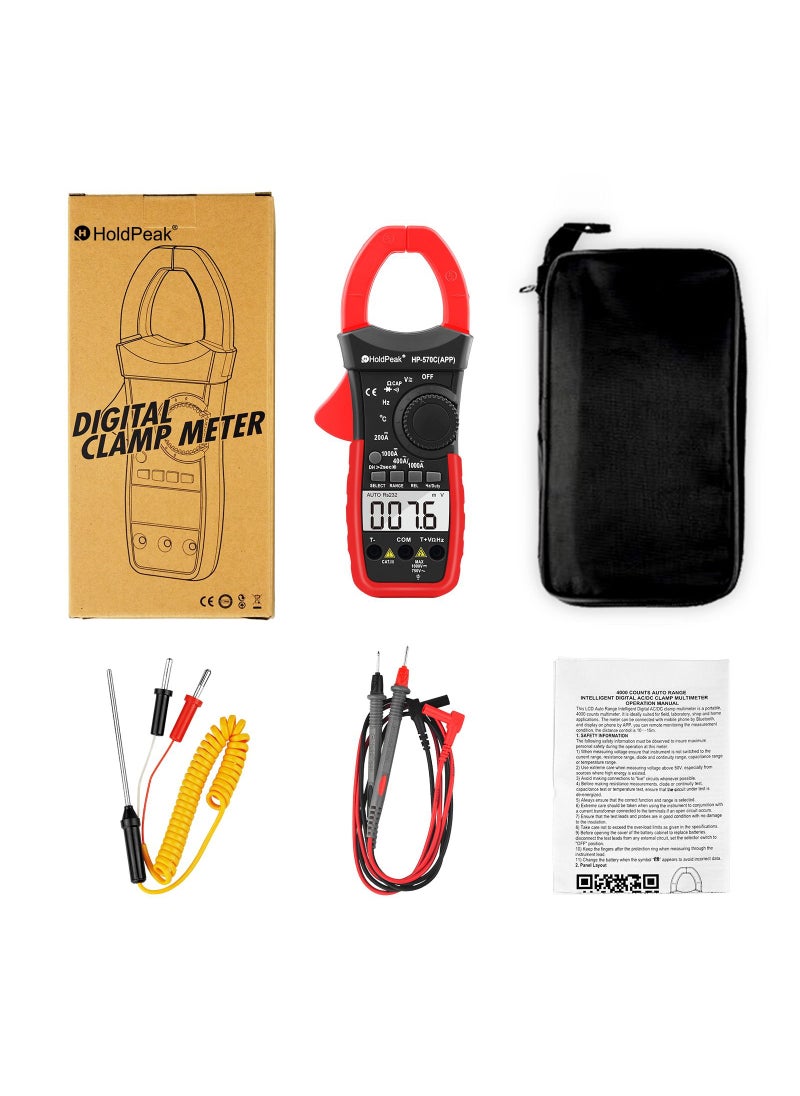 HOLDPEAK Digital Clamp Multimeter HP-570C-APP Connect with APP via Bluetooth, Amp Ohm Tester,4000 Counts AC/DC Voltage, Current, Resistance,Diode Test,Temperature,Capacitance