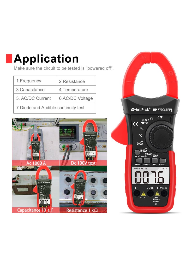 HoldPeak HOLDPEAK Digital Clamp Multimeter HP-570C-APP Connect with APP via Bluetooth, Amp Ohm Tester,4000 Counts AC/DC Voltage, Current, Resistance,Diode Test,Temperature,Capacitance  - Image 5
