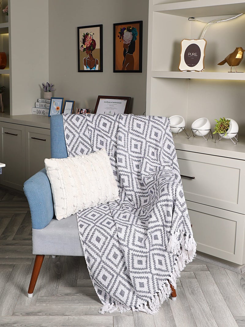 SASHAA WORLD Woven Diamond Pattern Throw Blanket | Throw for Living Room, Sofa and Bed Room | Navy & Grey Throw Blanket | 125x150 cm, Pack of 1 - Image 2