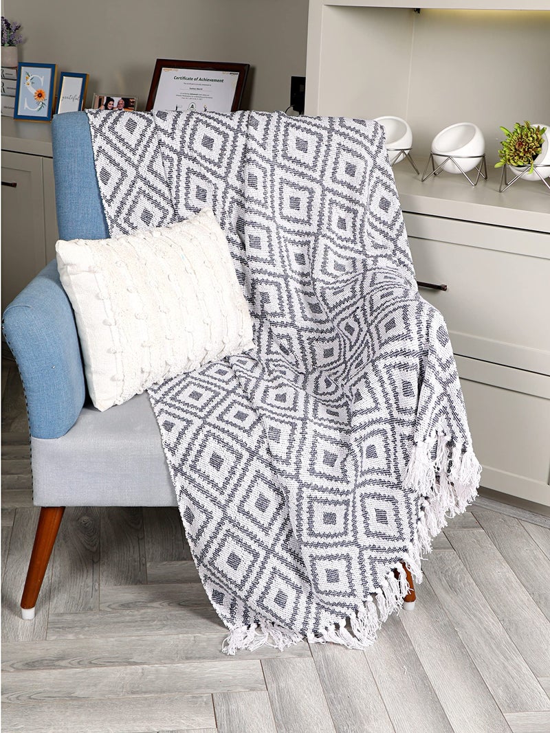 SASHAA WORLD Woven Diamond Pattern Throw Blanket | Throw for Living Room, Sofa and Bed Room | Navy & Grey Throw Blanket | 125x150 cm, Pack of 1 - Image 1