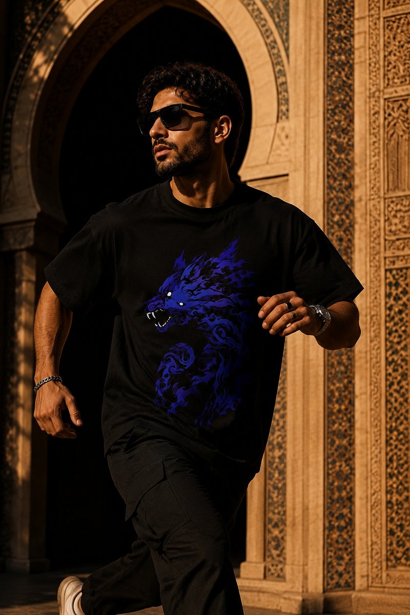 Men's Black Oversized T-Shirt with Blue Wolf Graphic Print Casual Streetwear Crew Neck Short Sleeve Tee - Image 3