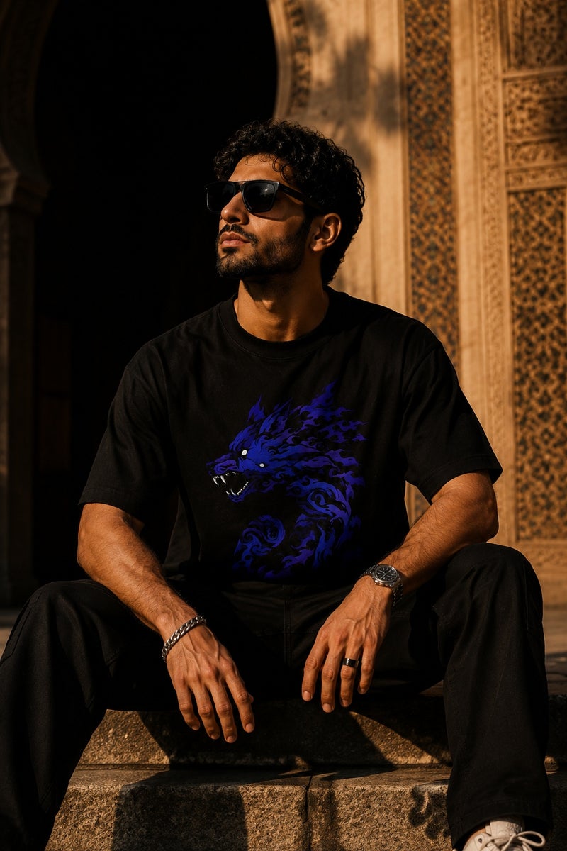 Men's Black Oversized T-Shirt with Blue Wolf Graphic Print Casual Streetwear Crew Neck Short Sleeve Tee - Image 4