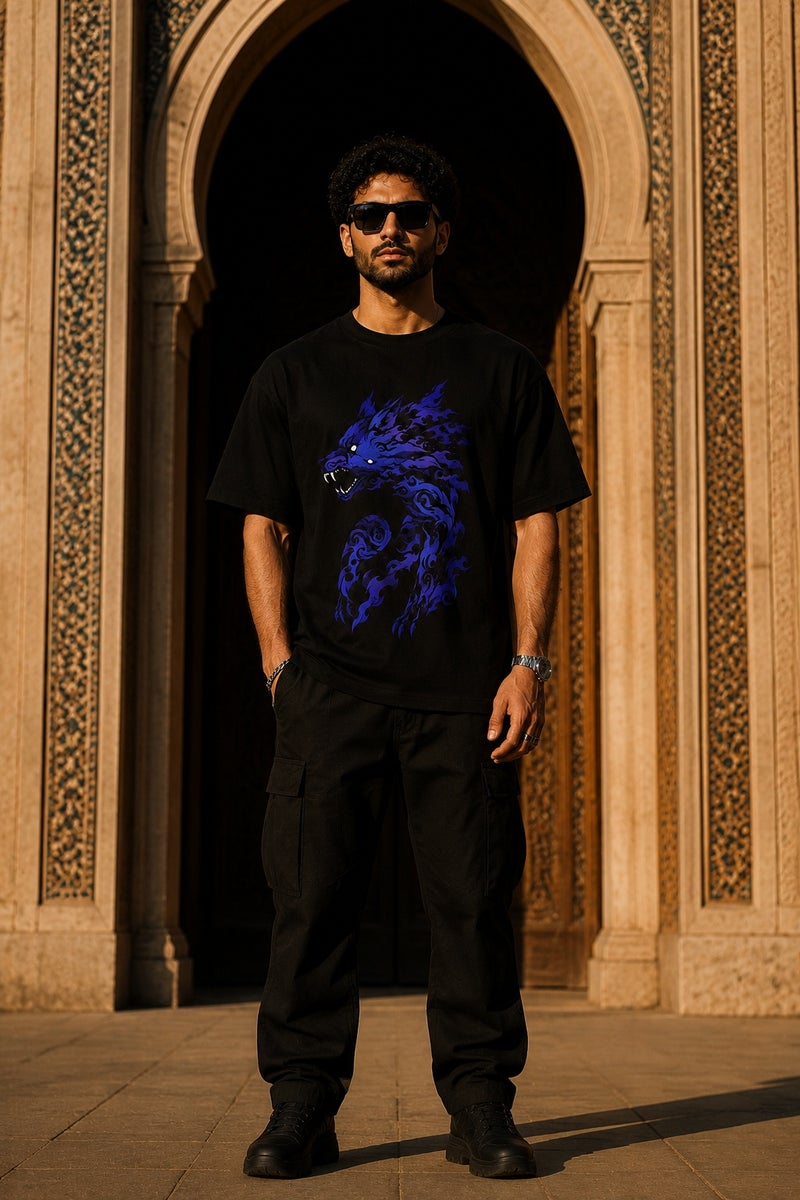 Men's Black Oversized T-Shirt with Blue Wolf Graphic Print Casual Streetwear Crew Neck Short Sleeve Tee - Image 2
