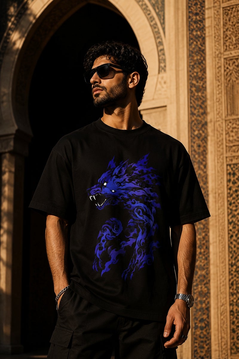 Men's Black Oversized T-Shirt with Blue Wolf Graphic Print Casual Streetwear Crew Neck Short Sleeve Tee - Image 5