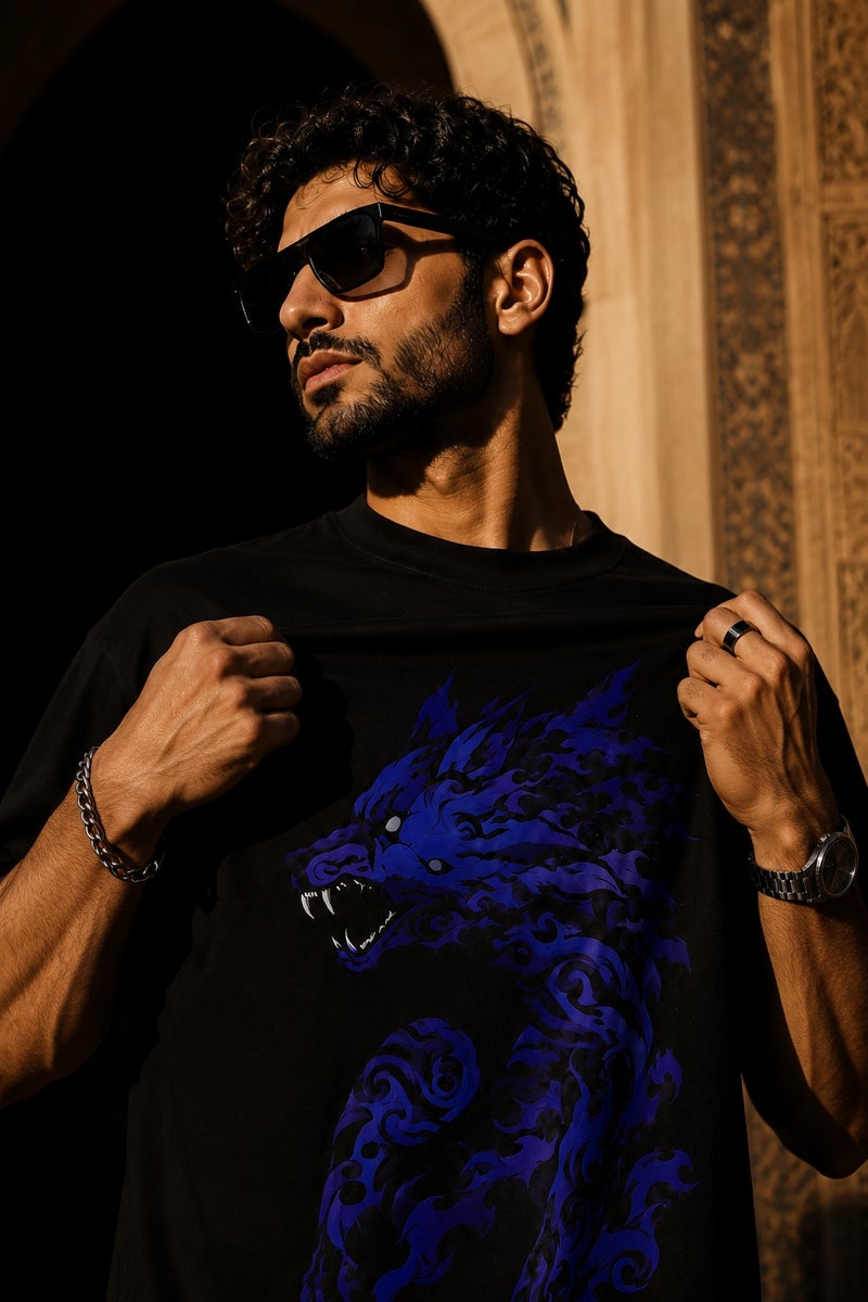 Men's Black Oversized T-Shirt with Blue Wolf Graphic Print Casual Streetwear Crew Neck Short Sleeve Tee - Image 1