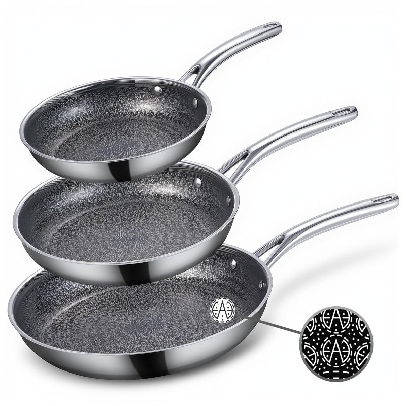 Ammeloo Hybrid Tri-Ply Stainless Steel Frying Pan Set, 8"/9.5"/11" Cooking Pans, Non Stick Frying Pans and Skillets, Chef Pan, Non Toxic, Dishwasher Safe, Induction Compatible, Black Interior - Image 1