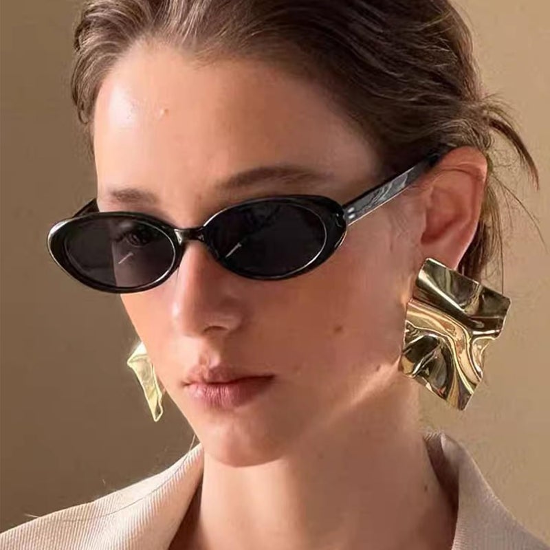 Teumire Retro Oval Sunglasses for Women Men 90s Style Vintage Small Sun Glasses UV400 Protection Shades(Black) - Image 3