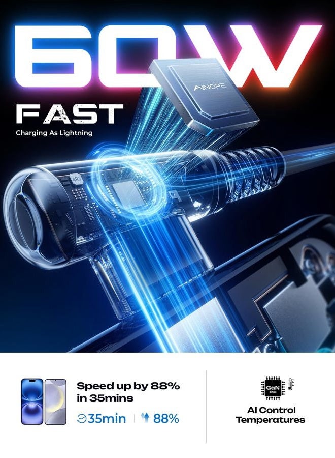 Ainope كابل شاحن USB C إلى USB C بقوة 60 وات، قطعتان، كابل شحن من النوع C بطول 6.6 قدم، بزاوية قائمة، كابل شحن سريع من USBC إلى USBC لهاتف Samsung S23 S22 S21 Note 20 Ultra، iPad Pro 12.9 Air Mini MacBook Air - Image 5