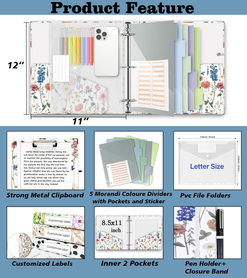 BVSSX 3 Ring Binder 2 Inch for 8.5"x11" Paper, Three Ring Binders with Clipboard, 5 Dividers with Tabs and Pockets, Plastic Folder, 18 Divider Stikers,Cute Binder with Pen Holder,Blue Bloom - Image 2