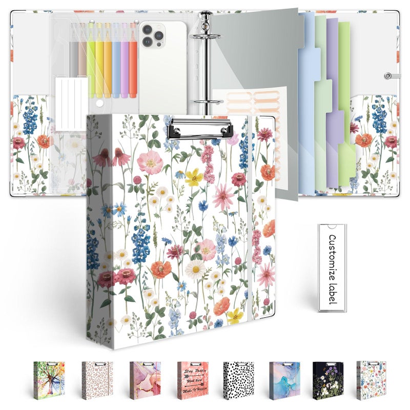 BVSSX 3 Ring Binder 2 Inch for 8.5"x11" Paper, Three Ring Binders with Clipboard, 5 Dividers with Tabs and Pockets, Plastic Folder, 18 Divider Stikers,Cute Binder with Pen Holder,Blue Bloom - Image 1