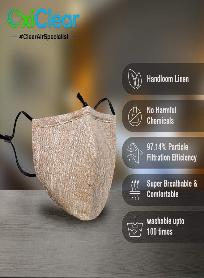 OxiClear قناع وجه أوكسي كلير المصنوع يدويًا من الكتان المضاد للتلوث، 3 طبقات، فائق التهوية، قابل للغسل وإعادة الاستخدام (عبوة من 5 قطع) | للجنسين - Image 2
