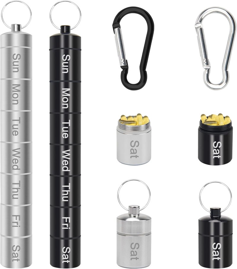Small Portable Pill Case Keychain for Travel, AngleKai 2 Pack Pill Organizer Box, Waterproof Tablet Container Weekly Medicine Bottle Organizer (Black and Silver)