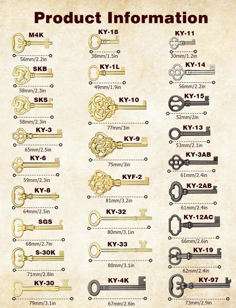Mellbree Skeleton Key Set, 26-Key Universal Replacement Skeleton Keys Kit for Antique Dresser, Chinese Cabinet, Antique Furniture and Old Style Cabinets or Doors, Collectible Gift - Image 4