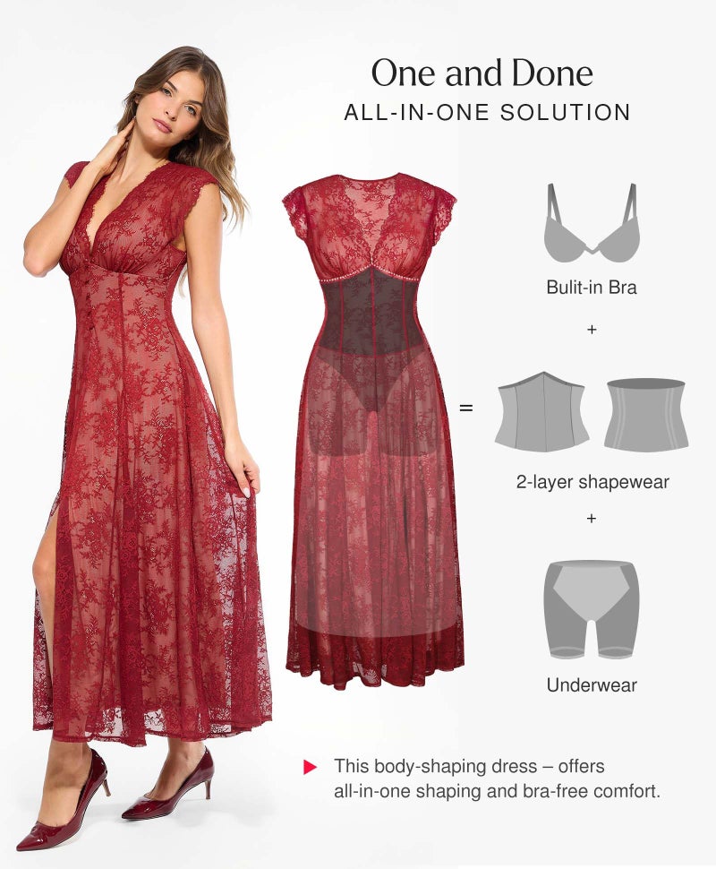 Popilush Women's Wedding Guest Formal Lace Sleeveless V Neck Maxi Shapewear Dress Evening Mother of Bride Split Dresses Red - Image 4