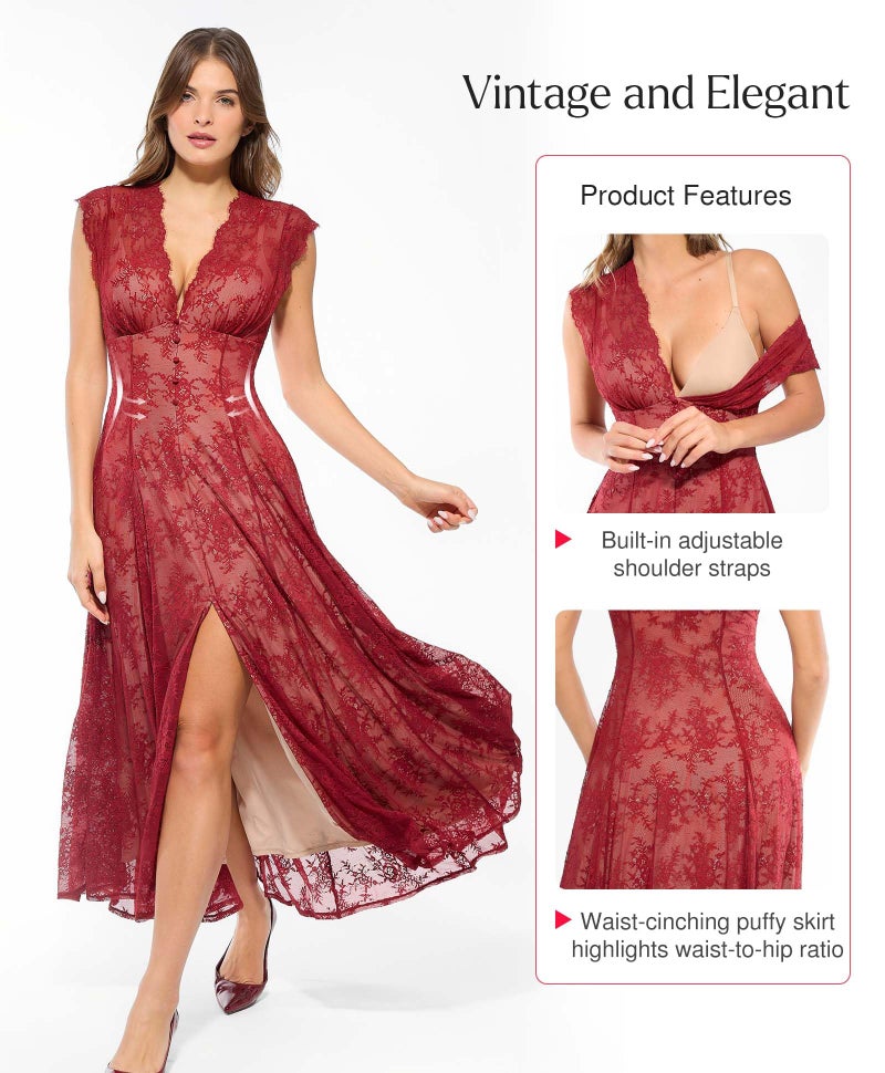 Popilush Women's Wedding Guest Formal Lace Sleeveless V Neck Maxi Shapewear Dress Evening Mother of Bride Split Dresses Red - Image 5