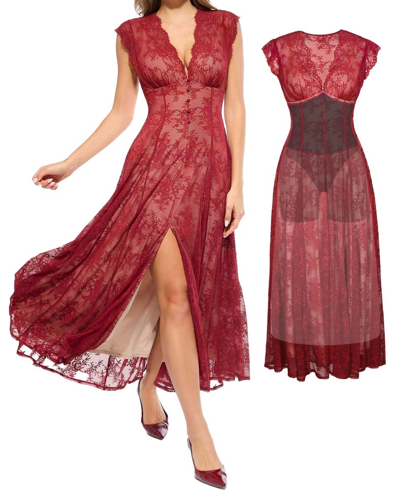 Popilush Women's Wedding Guest Formal Lace Sleeveless V Neck Maxi Shapewear Dress Evening Mother of Bride Split Dresses Red - Image 1