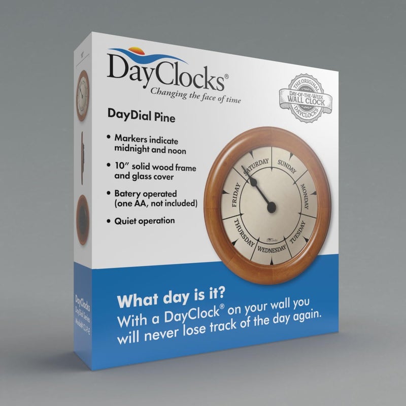 DayClocks ساعة حائط كلاسيكية من داي كلوك لليوم من الأسبوع بإطار خشبي صلب - ساعة تقويم يومية - صنوبر رائع، 10" - Image 3